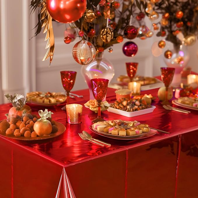4pcs Red Foil Tablecloth 54*72 Inch Plastic Christmas Carnival Birthday Party Table Cloths Disposable Waterproof Table Cover for Graduation Anniversary Wedding Baby Shower Bridal Party Supplies