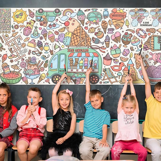 Ice Cream Giant Coloring Poster/Tablecloth, 30 x 72 Inch Summer Theme Craft for Kids Art Crafts Paper Banner Kids Games Activities,Coloring Tablecloth Crafts for Classroom Wall School Home Parties