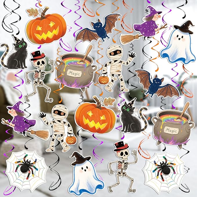 Halloween Hanging Swirls, 48Pcs Halloween Ceiling Hanging Decorations Ghost Pumpkin Witches Swirls Streamers for Indoor Outdoor Party Supplies