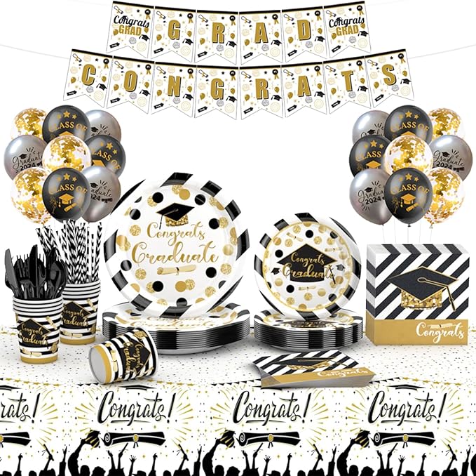 2025 Graduation Party Decor Supplies, 233-Piece Set for Graduation, Includes Disposable Dinnerware Like Plates, Cups, Napkins, Cutlery, Tablecloth, Balloons (Perfect for 25 Guests, Black & Gold Theme)