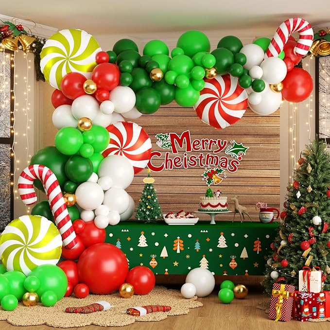 Christmas Balloon Garland Arch Kit, OTLGEUA 135Pcs Red Green White Gold Balloons for Candy Cane Friendsmas Christmas Party Decorations