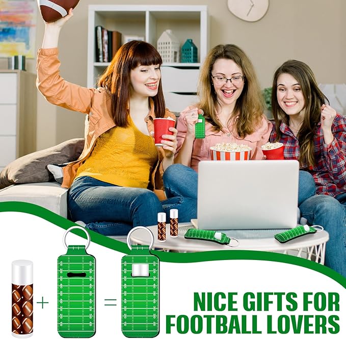 18 Sets Football Party Favors Lip Balm and Holder Keychain Bulk Football Goodie Bags Stuffers Sport Team Gifts Rugby Accessories for Women Men Sports Lovers Players Coach Party Supplies