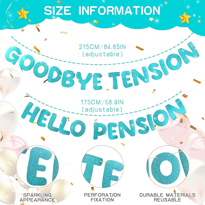 Retirement Banner Pre-Strung GOODBYE TENSION HELLO PENSION Banner Glitter Retirement Party Supplies Decorations for Women Men Office Home Decor (Turquoise)