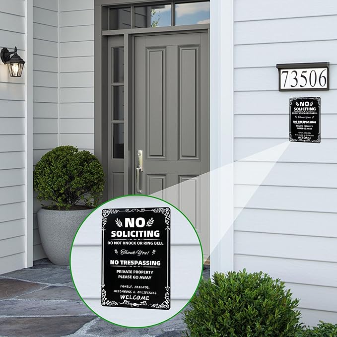 Daily Decorative Signs No Soliciting Chic Metal Signs for Outdoor Yard Signs or Indoor-NO SOLICITING DO NOT KNOCK OR RING BELL-NO TRESPASSING PRIVATE PROPERTY
