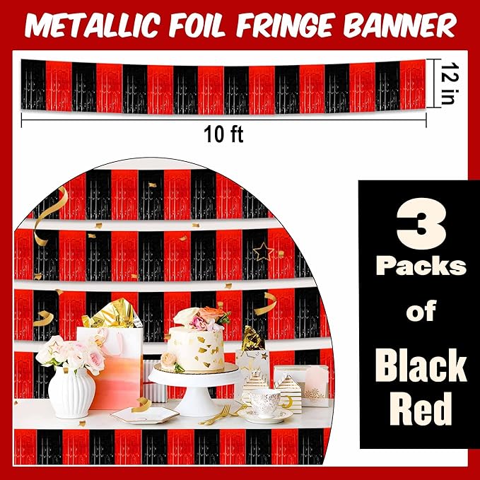 3 Pack 10 Ft Black and Red Foil Fringe Garland Metallic Streamers Tinsel Banner Wall Hanging Garland Backdrop for Parade Floats, Halloween, Christmas, Thanksgiving, New Year Party Decorations