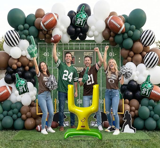 140PCS Football Party Balloon Arch Kit – Game Day Decorations with Football Foil Balloons, Referee Stripe Balloons, #1 Hand Balloons & Field Goal Post, Green Brown Black Balloon Garland