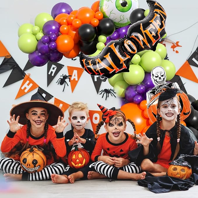 Halloween Balloons Garland Arch Kit, Orange Green Purple Balloons Arch Kit with Big Green Ghost Eye and Bat Skull Pumpkin Foil Balloon, Halloween Party Balloons For Home Garden Birthday Decorations