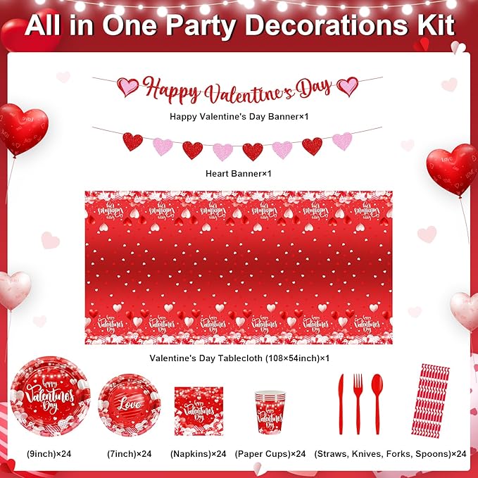 Valentine's Party Decorations 196 Pcs Valentines Plates and Napkins,Cups,Tablecloth Serve 24 Red Heart Valentine Banner Happy Valentine's Day Dinnerware Set Valentines Party Supplies