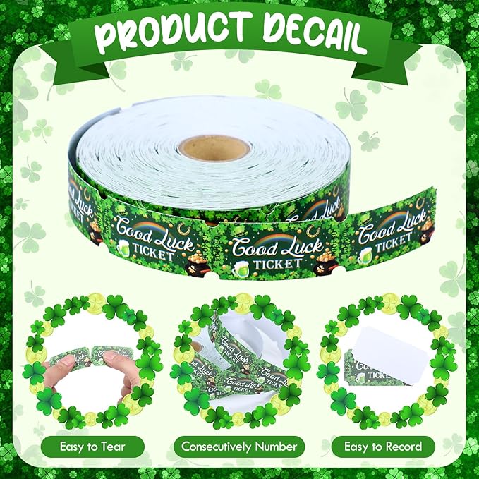 Cholemy 1000 Pcs St. Patrick's Day Party Favors Shamrocks Raffle Tickets Roll Green Numbered Door Drinks Game Ticket for Irish Saint Patty's Day Carnival Party Decorations Supplies(Luck Shamrocks)