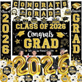 Graduation Decorations Class of 2026 - Black and Gold Graduation Party Supplies Include Backdrop, Banner, Hanging Swirls, Porch Sign, Balloons for Congrats Grad Decorations