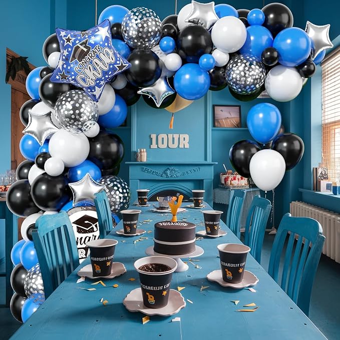 Graduation Balloon Arch Kit, 2025 Blue Black Party Decorations, Graduation Balloon Garland Party Decorations with Congrats Grad Hat Star Balloons for 2025 Grad Prom Supplies