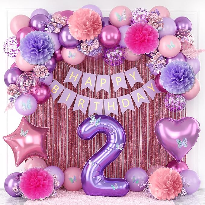 Pink Purple 2nd Birthday Party Decorations for Girls Number 2 Balloon Happy Birthday Banner Butterfly Stickers Fringe Curtain Paper Pom Poms Metallic Hot Pink Star Foil Balloons Baby 2 Year Old Decor