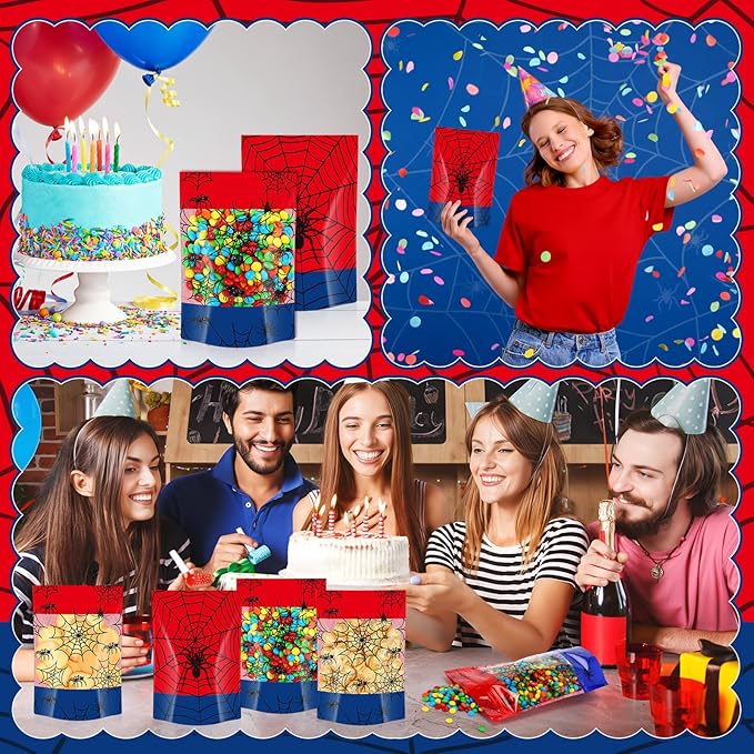 Fuutreo 50 Pcs Spider Gift Bags Plastic Cobweb Birthday Sealed Pouches Resealable Red Blue Spider Bags Party Favor Pouches for Home Candy Small Gift Party Wrapping Supplies Decoration