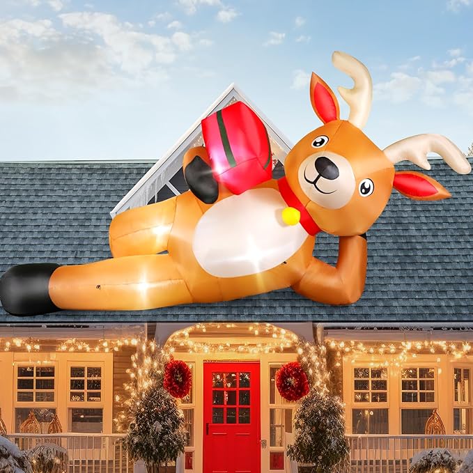 12 FT Giant Christmas Inflatable Reindeer Outdoor Decorations, Large Blow Up Reindeer with Gift Box Decor, Built-in LED Lights, Rapidly Inflate for Yard Lawn Party Holiday Garden Xmas Decorations