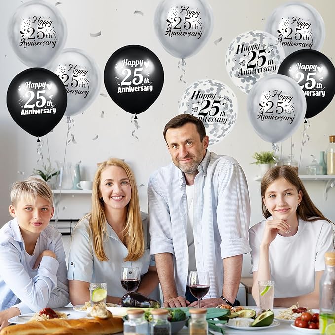 25th Anniversary Balloons 18Pcs Black Silver Party Decorations for Women Men - 12Inch Happy Confetti Latex Balloons for Indoor Outdoor Party Supplies