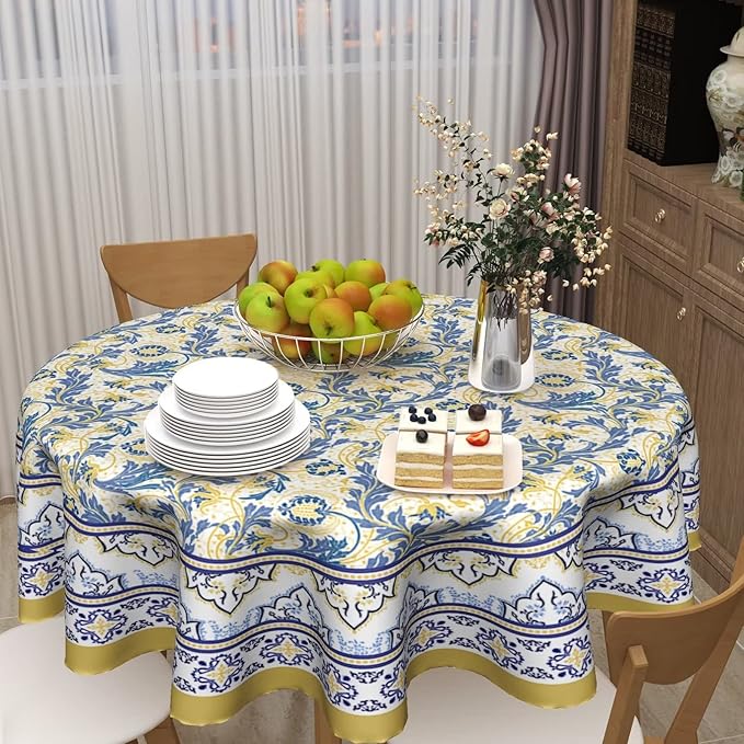 Yellow and Blue Floral Tablecloth Round 60 Inch Farmhouse Boho Tablecloth Spring Summer Fabric Table Cloth With Wrinkle Resistant For Kitchen Holiday Picnic Party Dinner Room Indoor Outdoor Decor