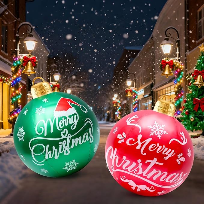 2 Pcs 24-Inch Christmas Ornaments, Large Flocked PVC Decorative Balls Christmas Themed Party Ornaments for Lawn, Garden, Patio and Indoor Decor (Red,Green)