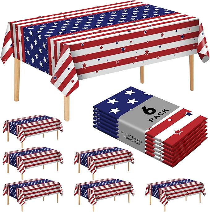 6 Pack Patriotic Disposable Plastic Tablecloth 54" x 108" Memorial Themed Party Table Cloths Disposable for 6 to 8 Foot Tables Independence Day Party Indoor or Outdoor (American Flag)