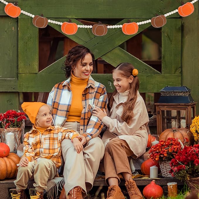 DAZONGE Thanksgiving Decorations for Home, Felt Pumpkin Bead Garland for and Wood Bead for Thanksgiving Decor, Fall Banner for Mantle Wall Decor