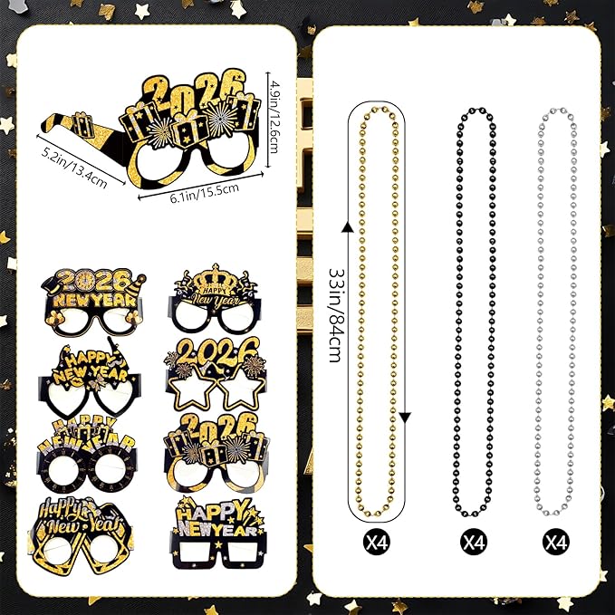 New Years Eve Party Supplies 2026, New Years Decorations Party Favors IncludingHeadbands Hats Glasses Tassel Beaded Necklaces Noise Makers for Adults Hello 2026 Party Favors