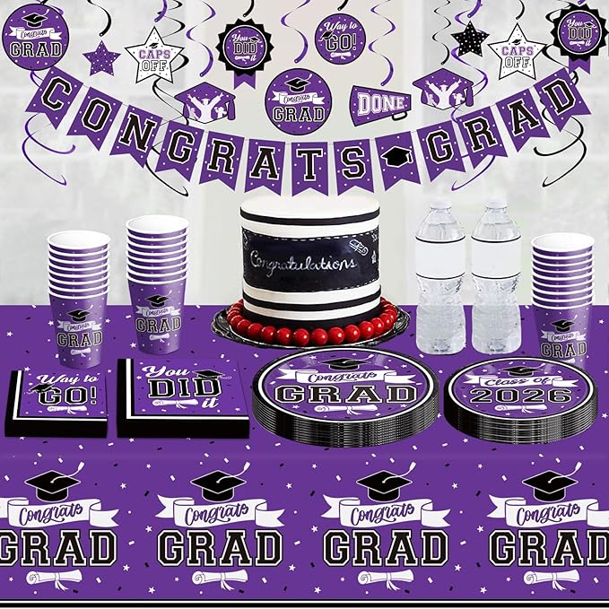 DAZONGE Graduation Decorations Class of 2026 Purple, 265pcs Disposable 2026 Graduation Party Decorations Tableware Set, Grad Party Supplies for 50 Guests, Congrats Grad Banner and Hanging Swirls