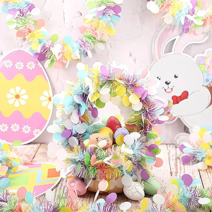 50 Ft Easter Garland Decor,Metallic Tinsel Hanging Garland with Colorful Eggs Decorations for Home Tree Mantle Bedroom Office Classroom Party Holiday Indoor Outdoor