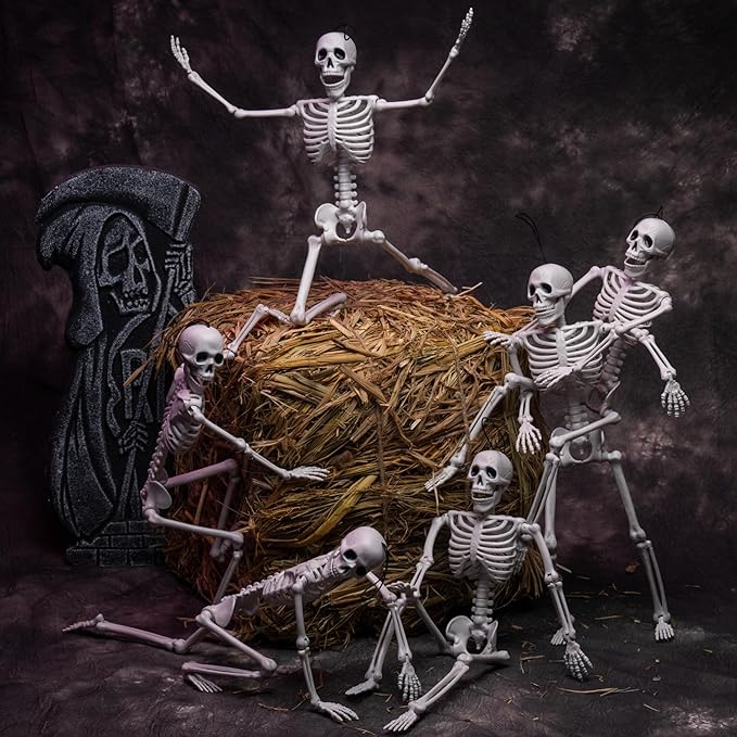 JOYIN 6 PCS 16" Halloween Skeleton Decor, Full Body Posable Movable Joints, Hanging Skeletons for Halloween Decoration Indoor Outdoor, Graveyard Haunted House Prop, Spooky Scene Party Favor