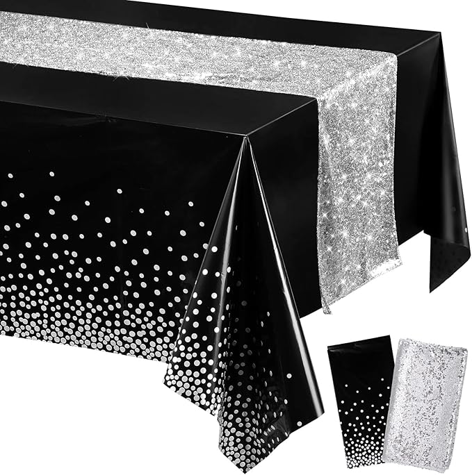 Irenare Tablecloth and Sequin Table Runner Set Polka Dots Confetti Table Cover Dining Plastic Tablecloths Glitter Decorations for Birthday Wedding Anniversary Party Supplies(Black, Silver,2 Pcs)