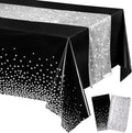 Irenare Tablecloth and Sequin Table Runner Set Polka Dots Confetti Table Cover Dining Plastic Tablecloths Glitter Decorations for Birthday Wedding Anniversary Party Supplies(Black, Silver,2 Pcs)