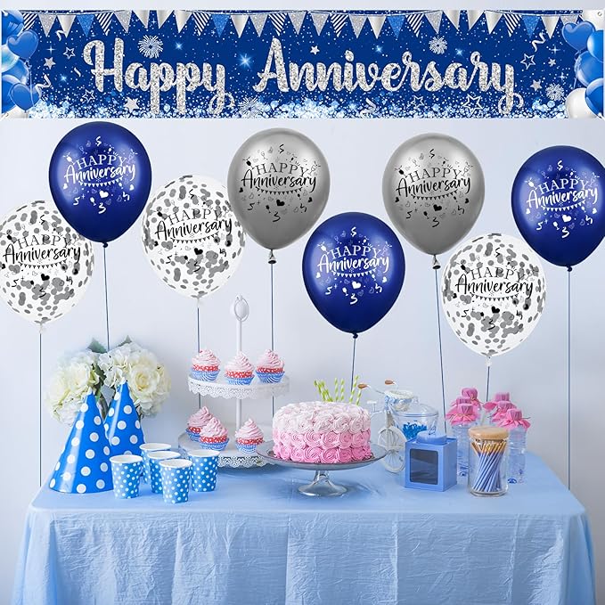 Blue Happy Anniversary Decorations for Men Women, Silver Blue Happy Anniversary Banner and 18pcs Balloons Party Decor for Wedding Anniversary Decorations Kit Supplies
