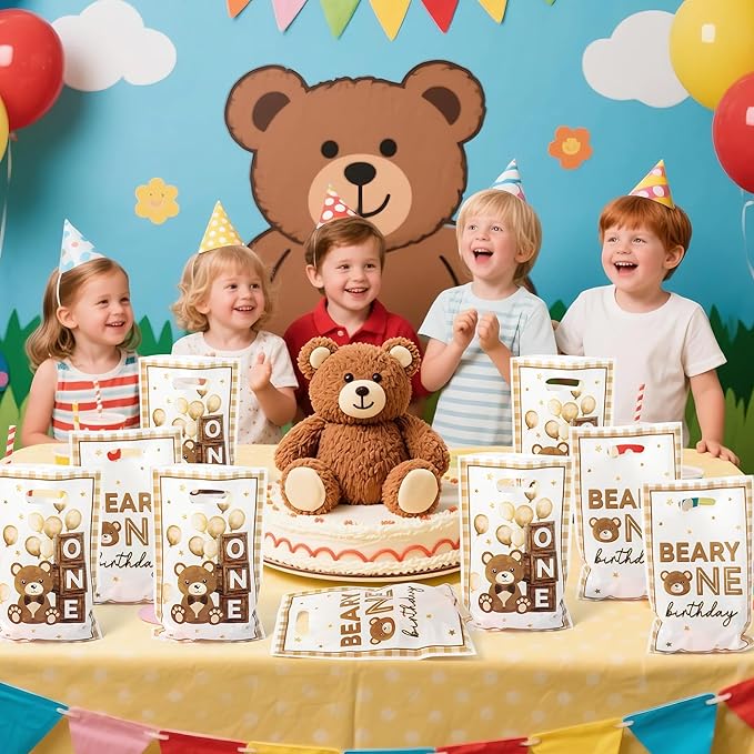 Beary First Birthday Party Favor Bag 50Pcs Brown Bear Sweet Goody Candy Treat Gift Bags Beary One My 1st Birth Day Theme Party Decorations for Kids One Year Old Birthday Supplies