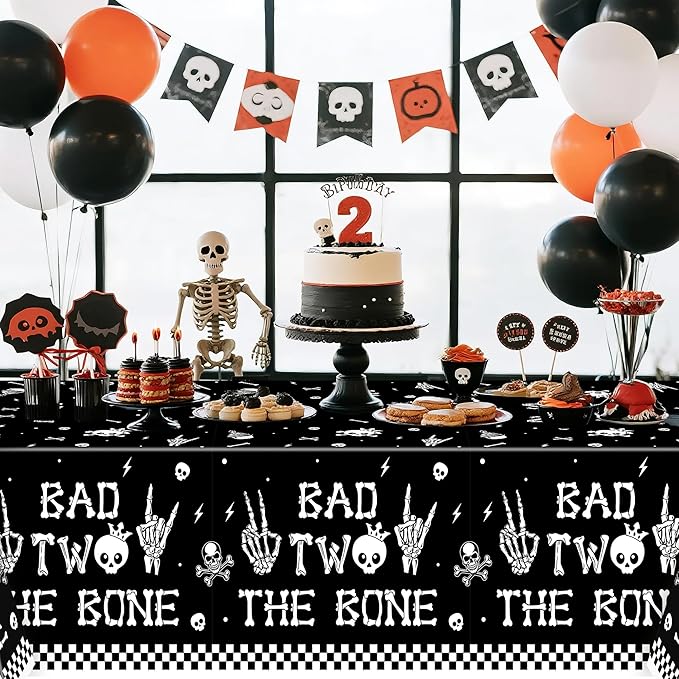 K1tpde 3PCS Bad Two The Bone Party Tablecloth for Kids, Music Themed 2nd Black Plastic Tablecloth, Rock and Roll 2nd Disposable Table Covers for Birthday Decoration, Skeleton Party Supplies