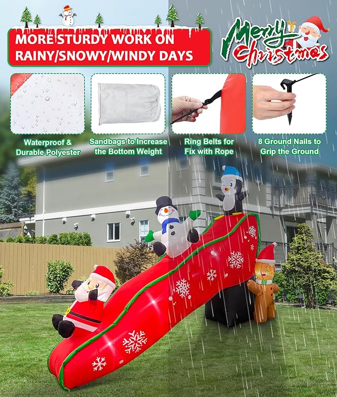 EAONE 7FT Christmas Inflatables Outdoor Decorations, Cute & Funny Inflatatable Christmas Santa Snowman Slide Blow Ups Yard Decoration with Lights for Garden Lawn Home Xmas Holiday Season Decor