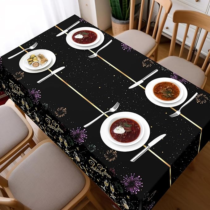 Childom 2 Pack Happy New Year Tablecloths,Happy New Years Decorations 2026,Disposable Rectangular Tablecloths Plastic 54"x108",Black and Gold Table Cloth for Home Dining Outdoor Holiday Party Supplies