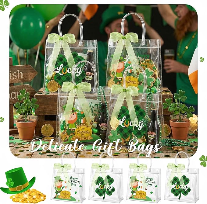 Henoyso 12 Pcs St. Patrick's Day Clear Gifts Bag Plastic Shamrock Party Favor Bags with Handles and Ribbon Green Lucky Clover Gift Bags 7.8 x 7.8 x 3.1 PVC Totes for Irish Goodie Treat Gift Wrap