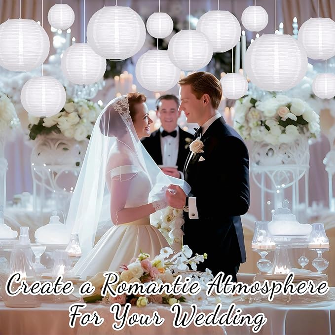 Paper Lanterns Decorative, White Round Hanging Paper Lantern Decorations for Wedding Engagement Bridal Baby Shower Birthday Party Supplies, 15Pcs