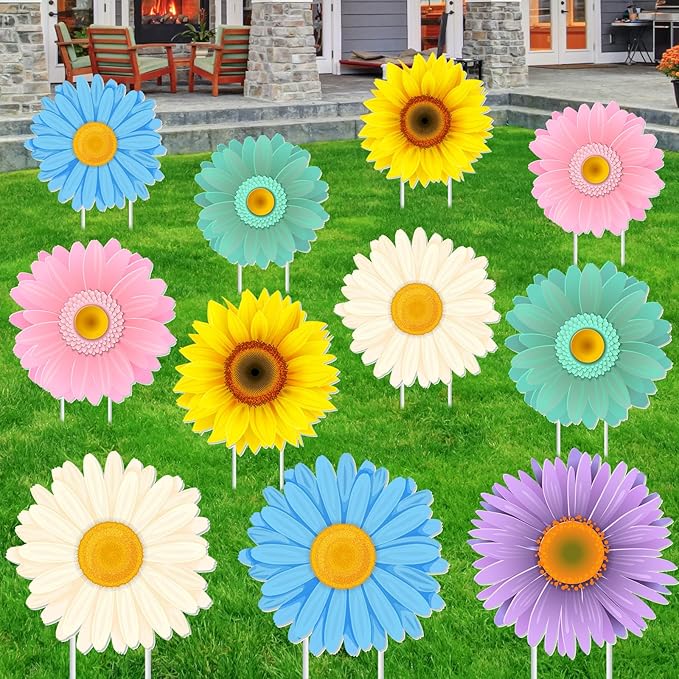 Amyhill 12 Pcs Spring Flower Yard Decoration for Outdoor Floral Daisy Garden Lawn Signs with Stakes Waterproof Hello Spring Decor for Easter Festive Holiday Party Patio Lawn Walkway Decorations