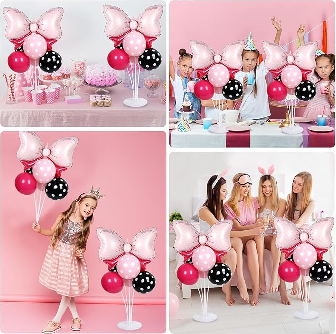 Pink Mouse Party Balloons Stand Kit 2 Sets with 2 Bow Foil Balloons Cartoon Mouse Themed Party Centerpiece for Table Pink and Black Bow Girls Women Gender Reveal Baby Shower Birthday Party Decoration