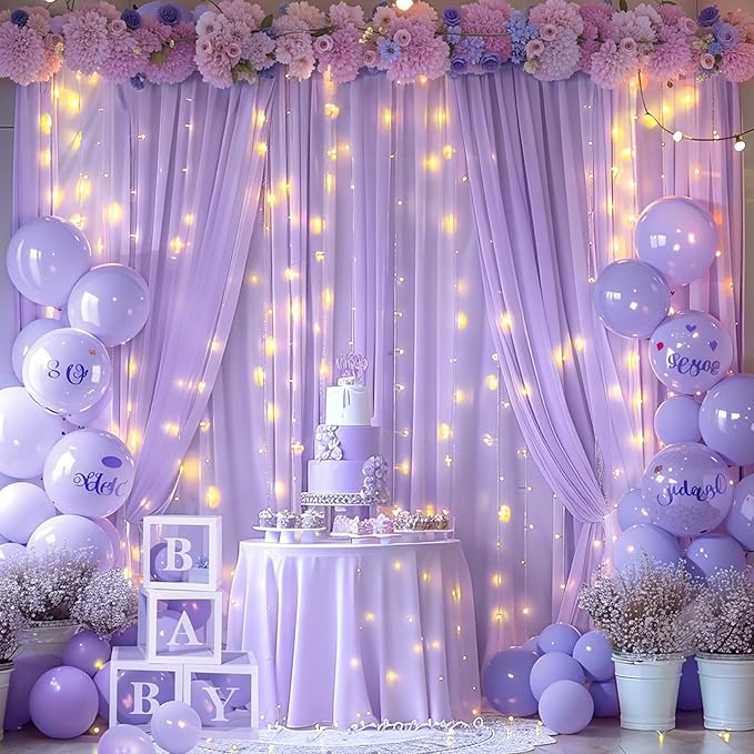 10ft x 10ft Lavender Chiffon Backdrop Curtain with Lights String for Parties,2 Panels Sheer Tulle Curtain Wedding Photo Backdrop with Lights for Baby Shower Birthday Party Ceremony Home Decorations