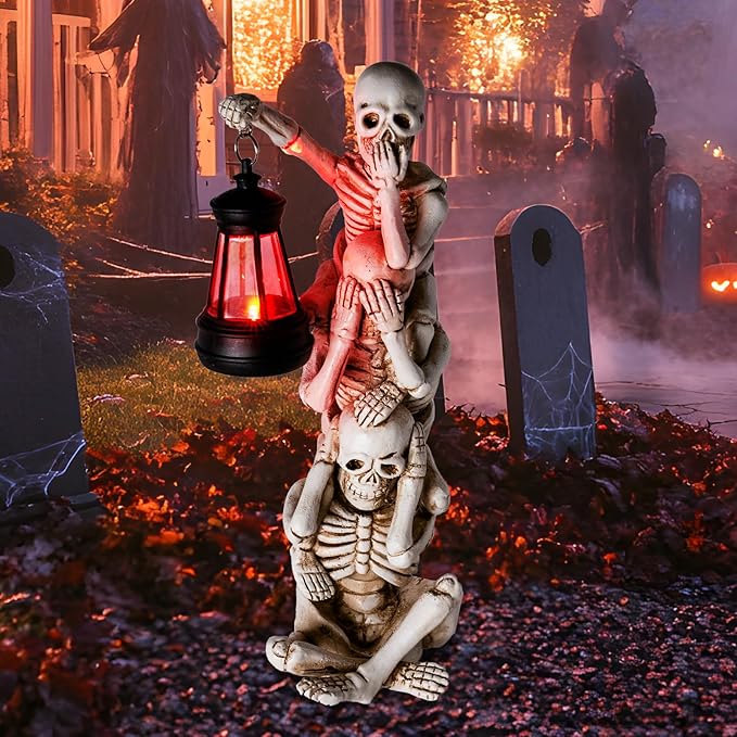 Halloween Skeleton Decor Triple Skeleton Halloween Decorations with Solar Red LED Lantern Outdoor Skeletons Figure for Yard Patio Lawn Garden