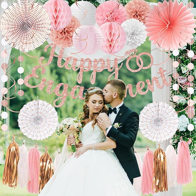 Roetyce Engagement Party Decorations, Rose Gold Glitter Happy Engagement Banner, Almost Married/Just Engaged Photo Background, Pink Congratulations Wedding Bachelorette Backdrop Decor