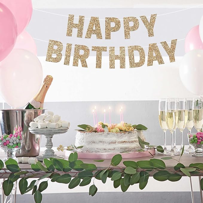 Pre-strung Happy Birthday Banner - No DIY - Gold Glitter Birthday Party Banner for Men & Women - Pre-strung Garland on 8 ft Strands - Gold Bday Party Decorations & Decor. Did We Mention No DIY