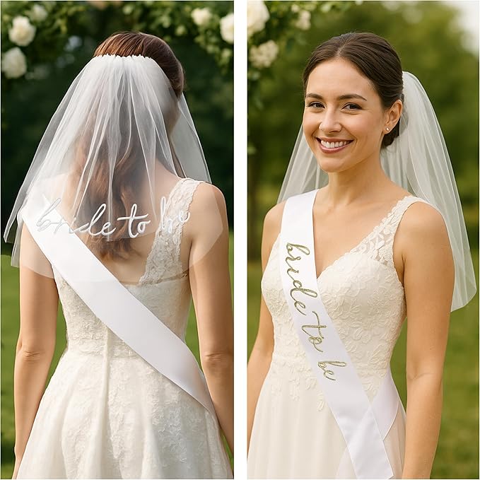Embroidery Bride To Be Veil and Sash Set White Bachelorette Party Favors Accessories for Bridal Showers Engagement Party Decorations