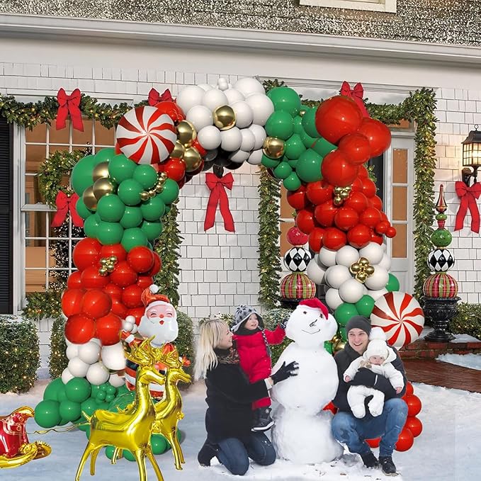 Christmas Balloon Garland Arch kit, 134 Pieces Xmas Green Red White Gold Balloons Garland Kit, Candy Cane Foil Balloons Elk Santa Claus Balloon for New Year Christmas Party Decorations