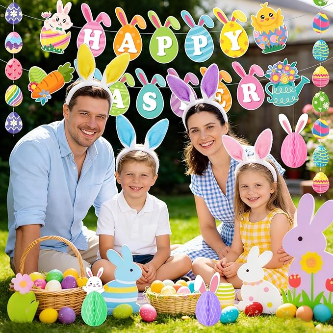 Easter Decorations for Home Easter Party Decorations Includes Happy Easter Banner Easter Garland Egg Bunny Easter Hanging Decorations Swirls Honeycomb Balls for Holiday Party Home Classroom Office