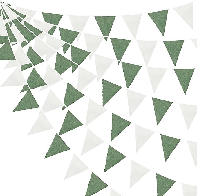 46Ft Green White Party Decorations Sage Green White Burlap Banner Triangle Pennant Flag Linen Bunting Garland Streamers for Jungle Safari Birthday Wedding Golf Baby Shower Summer Party Decorations