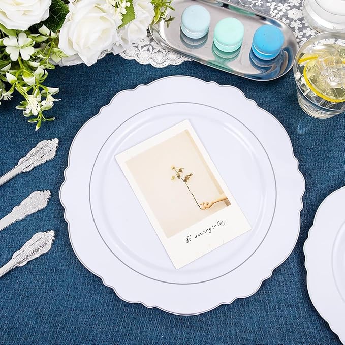 Liacere 350PCS Silver Plastic Plates-Disposable White and Silver Plates 50guest Baroque Plastic Dinnerware Set include 100Plates, 50Pack Pre Rolled Napkins with Silverware 50Cups Perfect for Christmas