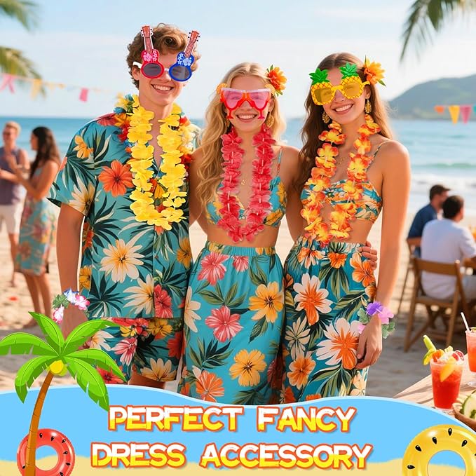 36 PCS Hawaiian Beach Tropical Party Decorations, Fun Summer Kids Party Favors with Luau Sunglasses and Hawaiian Leis Necklaces Bracelets for Beach Pool Themed Party Supplies Decoration