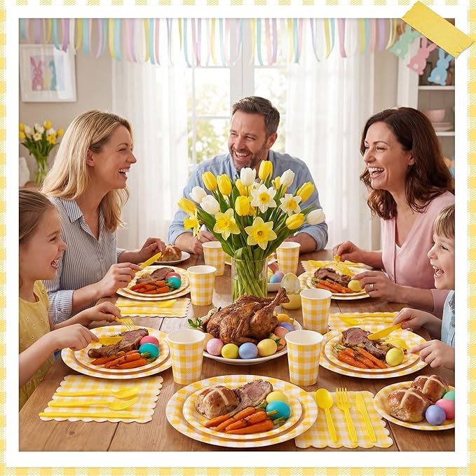 175 Pcs Gingham Party Supplies Include Yellow Gingham Plates and Napkins Cups Plastic Cutlery Disposable Yellow Checkered Plates Set for Easter, Picnic, Baby Shower, Golf Party