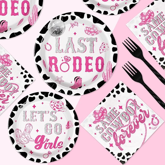 96Pcs Last Rodeo Bachelorette Party Decorations Pink & Silver Disco Cowgirl Plates and Napkins Let's Go Girls Party Decorations for Nashville Western Bridal Baby Shower Birthday Supplies,Serves 24